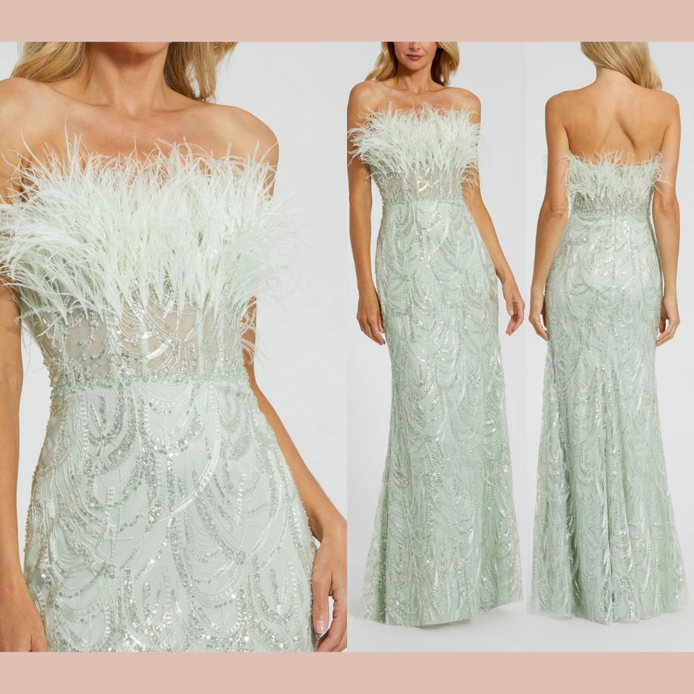 NWT Mac Duggal [ 4 ] 20890 Strapless Feather Bustier Gown with Embroidery #S1884